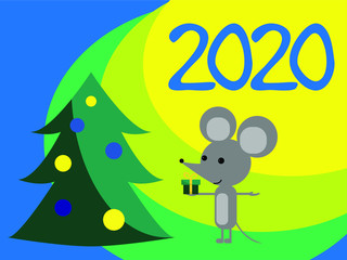 Cute mouse with a gift at the Christmas tree. 2020 year postcard. Flat vector illustration.