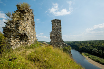 Ruins of Gubkiv (Hubkiv) castle on a Sluch river hills in summer near Gubkiv village, Rivne region, Ukraine