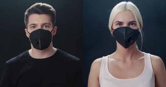 Young man and woman puts on a protective mask and looking at the camera, Chinese coronavirus, protected from the virus, split screen.