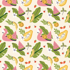 Vector illustrations of different tropical fruits and flamingo belt. Seamless pattern of exotic summer.