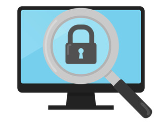 鍵アイコンとパソコンと虫眼鏡