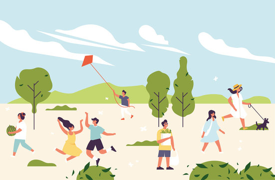 Vector summer illustration with people enjoying and relaxing their time outdoors in park. Summer season recreation.