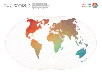 Polygonal map of the world. Ginzburg IV projection of the world. Spectral colored polygons. Creative vector illustration.