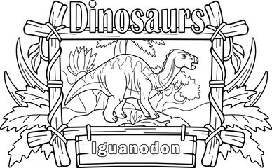 cartoon prehistoric dinosaur iguanodon, coloring book, funny illustration