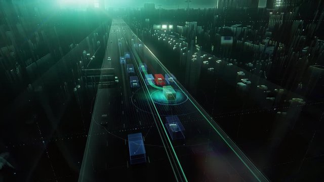 Digital presentation of the autonomous cars self-driving concept on multi-level highway of the big city, view from above.