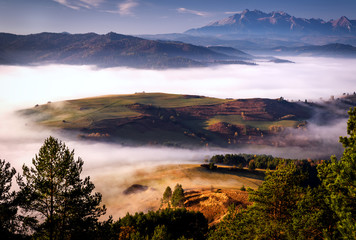 Beautiful, colorful autumn panorama of Pieniny Mountains (Male Pieniny) in the fog and morning light with Tatra Mountains in the background. 
Poland, Slovakia.