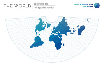 World map with vibrant triangles. Conic equidistant projection of the world. Yellow Green Blue colored polygons. Neat vector illustration.