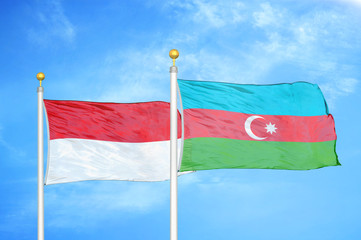 Indonesia and Azerbaijan two flags on flagpoles and blue cloudy sky