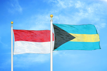 Indonesia and Bahamas two flags on flagpoles and blue cloudy sky