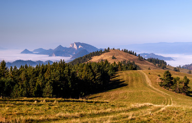 Beautiful, colorful autumn panorama of Pieniny Mountains (Male Pieniny) in the fog and morning light . Poland, Slovakia. © Zbigniew