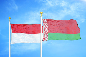Indonesia and Belarus two flags on flagpoles and blue cloudy sky