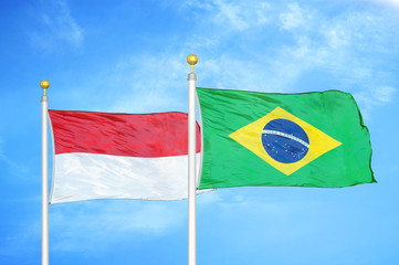 Indonesia and Brazil two flags on flagpoles and blue cloudy sky