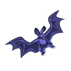 Cartoon illustration bat character, flying with wings spread, in flat contemporary style isolated on white.
