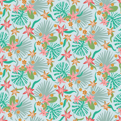 Orchid flowers and tropical plants seamless vector pattern. Summertime surface print design. For fabrics, gift wrapping paper, scrapbooking, cards, and packaging.