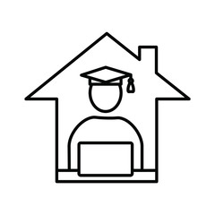 study online at home, vector graphics. 
a man in a student cap sits at a computer