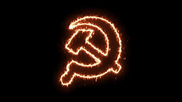 4k stock: Burning flame Communist Soviet Union. Hammer and sickle symbol. Royalty high-quality free the best stock video footage of Soviet Union Communist Party burning fire on black background
