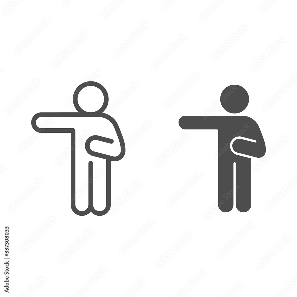 Poster man pointing with left arm line and solid icon. man raise a hand pointing to the left outline style 