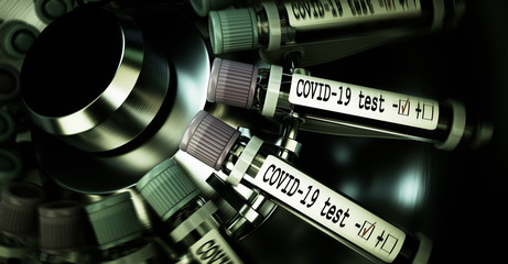 Tube of biological sample contaminated by Coronavirus with label Covid-19. Vials of blood in a centrifuge. Pandemic infectious concept. 3D