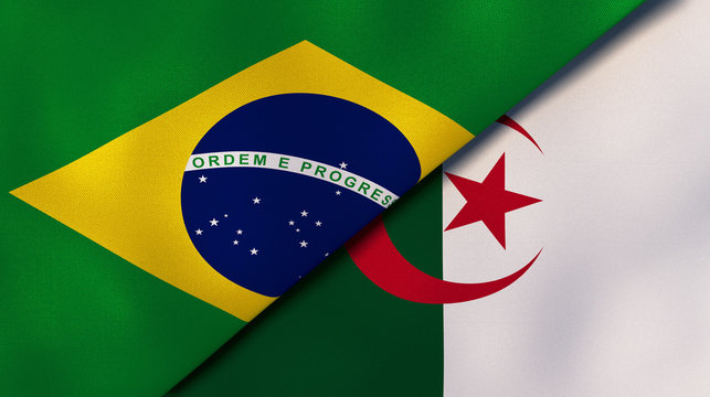 The flags of Brazil and Algeria. News, reportage, business background. 3d illustration