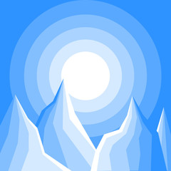 Landscape with silhouettes of blue mountains, sun and sky 