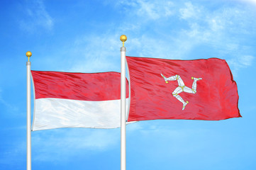Indonesia and Isle of Mann two flags on flagpoles and blue cloudy sky