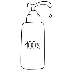 Antibacterial hand gel. 100% protection against bacteria, viruses and germs. Sanitizer for palm disinfection. Vector illustration. Contour on an isolated background. Sketch. Doodle style. 