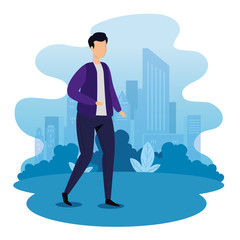 young man walking in park landscape vector illustration design