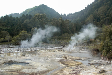 Geysers and hot springs on Lake Furnas in the Furnas volcanic complex. Sao Miguel, Azores,...