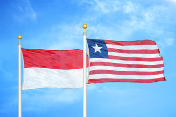 Indonesia and Liberia two flags on flagpoles and blue cloudy sky