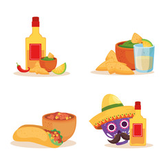 Mexican skull tequila bottle and food design, Mexico culture tourism landmark latin and party theme Vector illustration