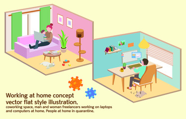 Working at home concept vector flat isometric style illustration. coworking space, man and woman freelancers working on laptops and computers at home. People at home in quarantine.