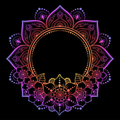 Circular pattern in form of mandala with flower for Henna, Mehndi, tattoo, decoration. Decorative ornament in ethnic oriental style. Rainbow design on black background.