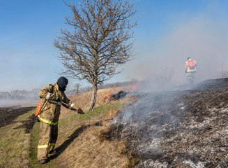 firefighters extinguish the flames of burning grass