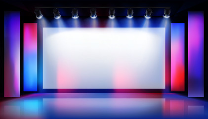 Show in art gallery. Large projection screen on the stage. Free space for advertising. Colorful background. Vector illustration. - 337311817