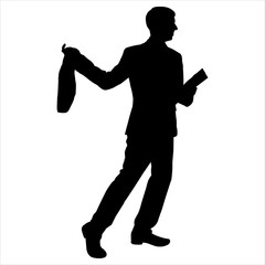 Vector illustration of male strength in a suit with a briefcase and a folder in his hands. Businessman held the case high. Joy, rage. Strange behavior. Black silhouette on a white isolated background.