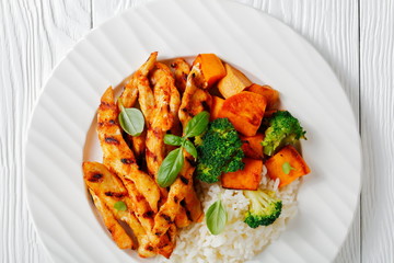 grilled paprika chicken strips with batata, rice