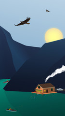 Landscape rest on a mountain lake with a house and high mountains. The sun sets over the mountains. Eagles fly in the sky. A fisherman in a boat is fishing. People are swimming. Vertical vector