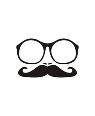 Vector men face with mustache and huge, hipster glasses. Black silhouette isolated on white background.