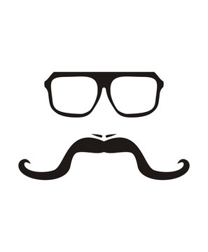 Vector illustration with men face with long mustache and huge, hipster glasses