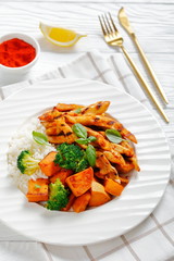 grilled paprika chicken strips with yams, rice