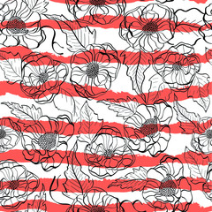 Flowers, roses, hand drawn fashion vector seamless pattern with red line on white background. Concept for wallpaper, wrapping paper, cards 