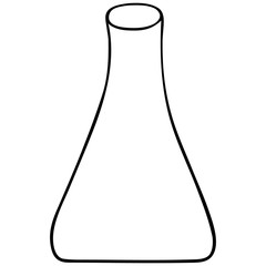 An empty flask for the reagent. Glass container for chemical research in the laboratory. Vector illustration. Application in biology and medicine. Outline on an isolated background. Sketch.
