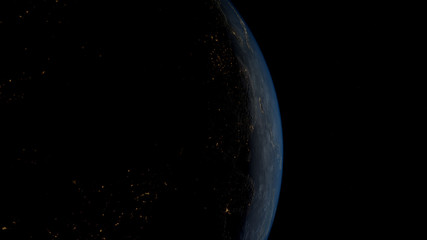 3D render of Planet Earth sunrise in space. Mostly night lights. Our beautiful globe waking up. 4K high quality realistic. 