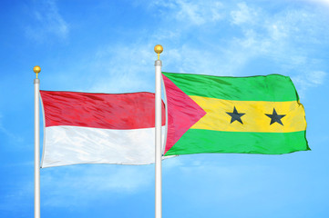 Indonesia and Sao Tome and Principe two flags on flagpoles and blue cloudy sky