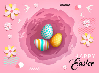 Happy Easter greeting card with paper-cut shapes, colorful ornate eggs on a light pink background.Easter greetings and gifts in a flat reclining style.Promotion and trading template for Easter