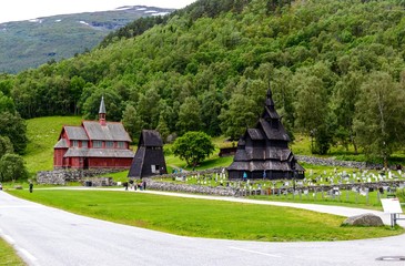 Fototapeta na wymiar Stave Church (Stavkirke, Stavkyrkje) in Borgund, Laerdal, Norway.
