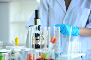Fototapeta premium Scientist laboratory test tube in future tone,Scientific research,Scientific tools at laboratory