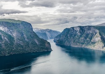 Beautiful panorama view on landscape of Aurlandsfjord near Flam. Norway