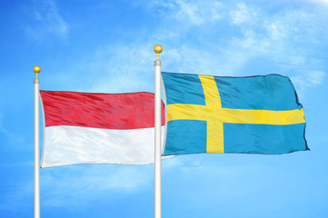 Indonesia and Sweden two flags on flagpoles and blue cloudy sky