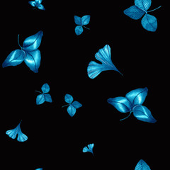 Fototapeta na wymiar Blue indigo floral pattern watercolour painted leaves tropic background.